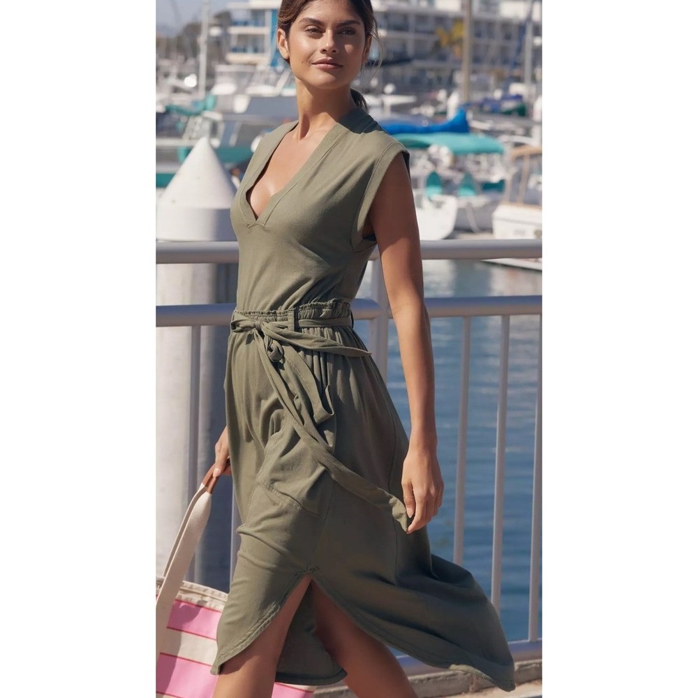 Daily Practice Anthropologie Olive Green Cotton V-Neck Midi Dress XXS